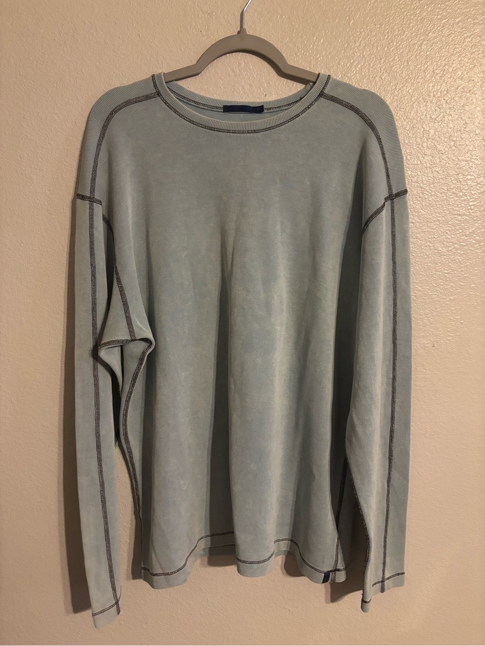 Men's Washed Light Blue Supima Cotton Crewneck Thermal with Contrast Stitching